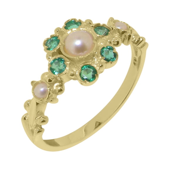 LBG British Made 14k Yellow Gold Cultured Pearl & Emerald Womens Anniversary Ring - 33 size options - Size 10