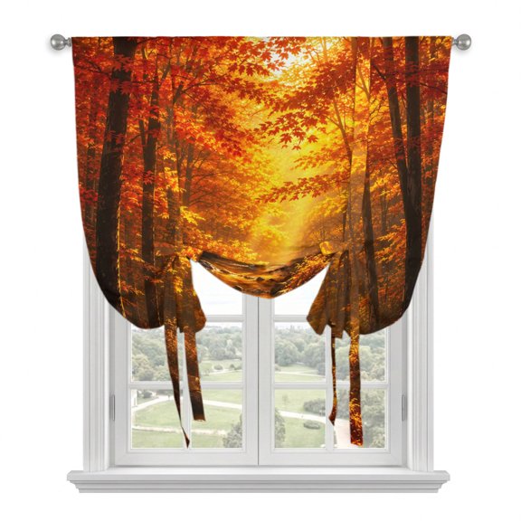 Fall Maple Forest Tie Up Curtains for Windows, Adjustable Balloon Window Shades, Farmhouse Retro Trees Nature Scenery Kitchen Window Treatments Adjustable Roll Up Curtain for Basement/Nursery 52"x45"