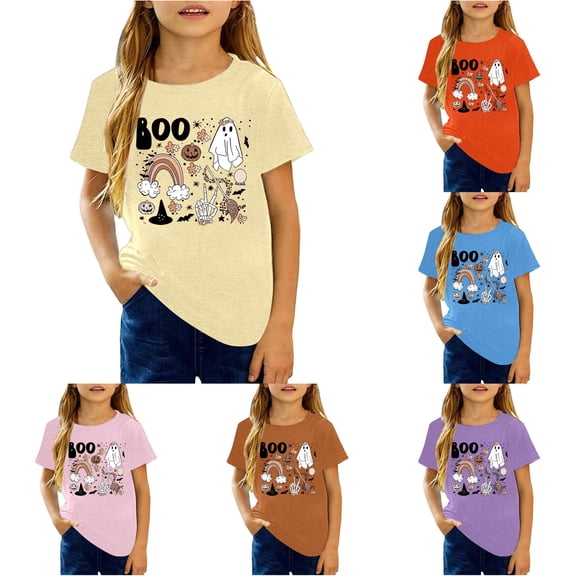 Oiyii Tween Girl's Halloween Graphic T-Shirt Short Sleeve Crew Neck Tee Boo Ghost Rainbow Print Kids Top,Beige