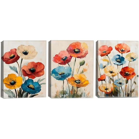 JANS.NO1 3 Pieces Flower Canvas Wall Art Colorful Floral Picture for Bedroom Blue Yellow Red Wildflower Canvas Decor Nature Scenery Print Room Decor