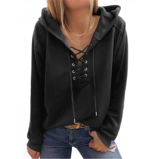 Simua Womens 2024 Fashion Lace Up V Neck Drawstring Hoodies Sweatshirt Pullover Tops