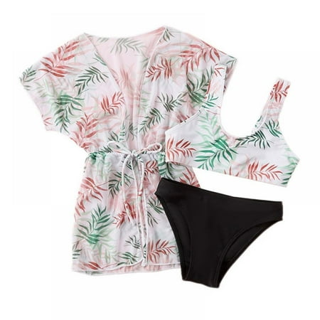 AJZIOJIRO Girls 3 Piece Bathing Suit Swimsuit Swimswear Floral Tropical Print Bikini Swimsuits with Kimono Cover-Up