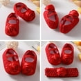 thumbnail image 4 of Baby Girls Princess Bowknot Soft Sole Cloth Crib Shoes with Headband, 4 of 7