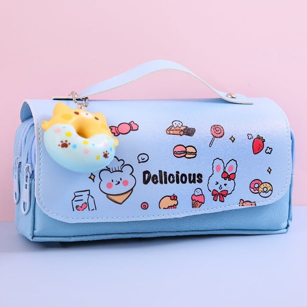 Estuche para lápices Kawaii, estuche grande para bolígrafos de papelería escolar coreana (azul dona)