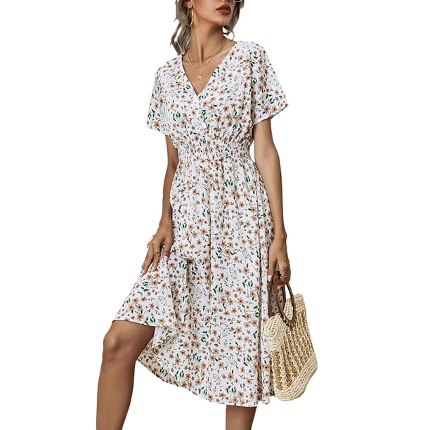 Txlixc Vestido de Verano para Mujer, Estampado Floral Cuello en V Manga Corta Falda Casual de Cintura Delgada para Damas, 9 Colores Txlixc Estilo de ocio