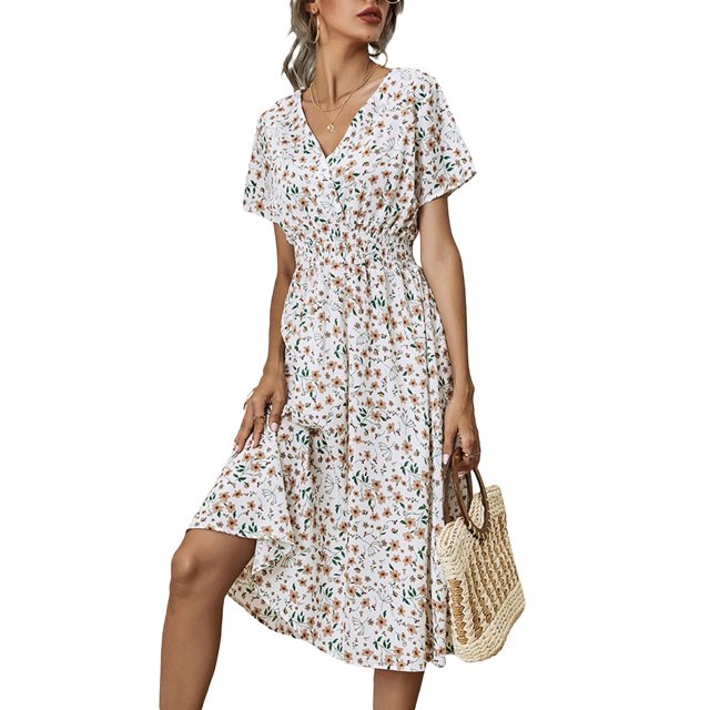 Txlixc Vestido de Verano para Mujer, Estampado Floral Cuello en V Manga Corta Falda Casual de Cintura Delgada para Damas, 9 Colores Txlixc Estilo de ocio