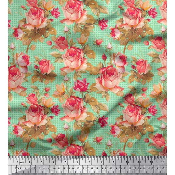 Soimoi Cotton Duck Fabric Check,Leaves & Rose Floral Print Fabric by the Yard 42 Inch Wide
