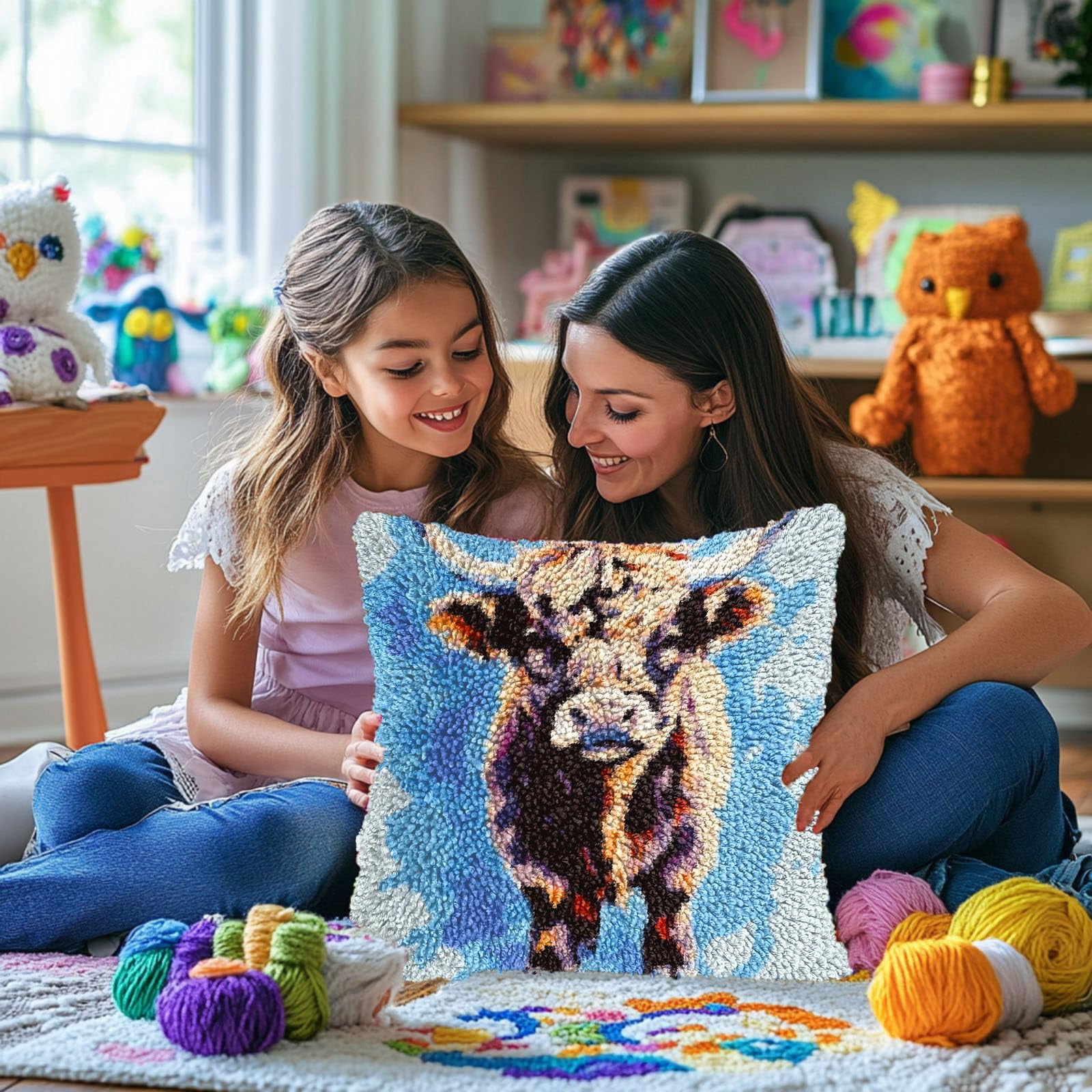 Cute Highland Cattle in Sky DIY Latch Hook Pillow Kits for Adults Printed Pillowcase Crochet Yarns Hooking Handmade Pillow Cover Cushion for Home Sofa Decoration 17x17inch