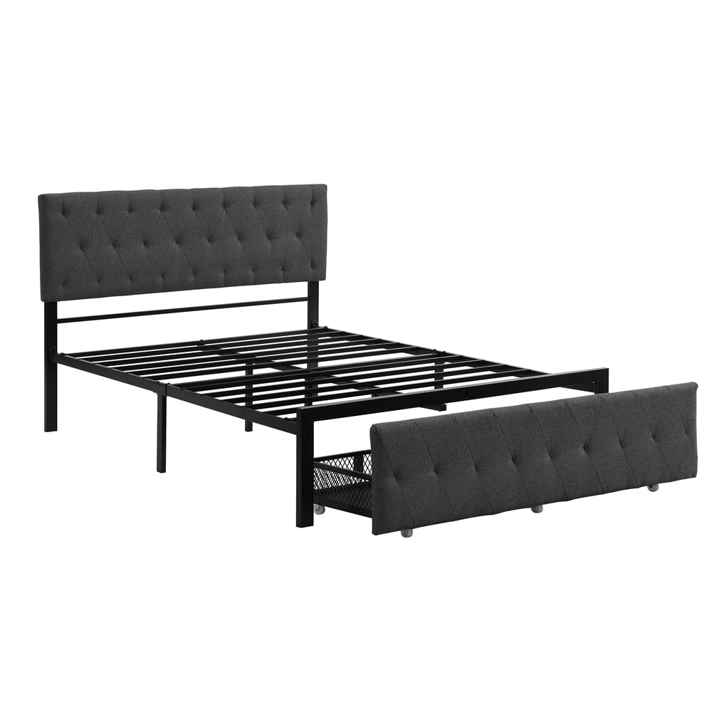 Full Size Metal Bed Frame Upholstered Platform Bed with Linen Headboard