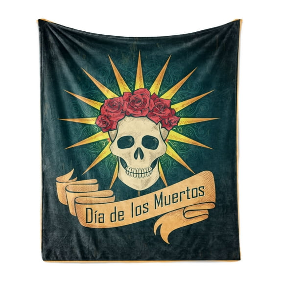 Day of the Dead Soft Flannel Fleece Throw Blanket, Sugar Skull Roses and Dia de los Muertos Print Grunge Style Artwork, Cozy Plush for Indoor and Outdoor Use, 60" x 80", Dark Teal, by Ambesonne