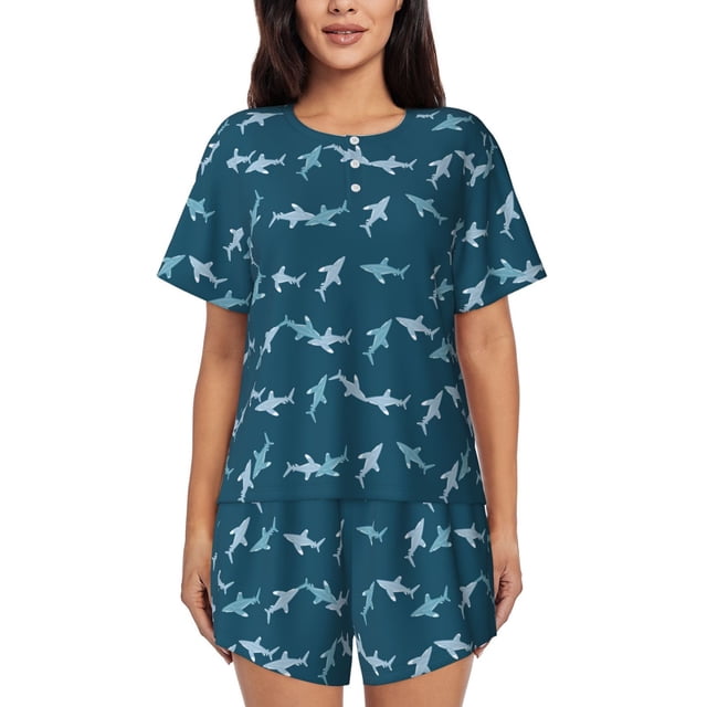 Fotbe Cute Shark Conjunto de Pijama Estampado para Mujer, 2 Piezas, Ropa de Dormir con Camiseta de Manga Corta y Shorts Suaves-3X-Large