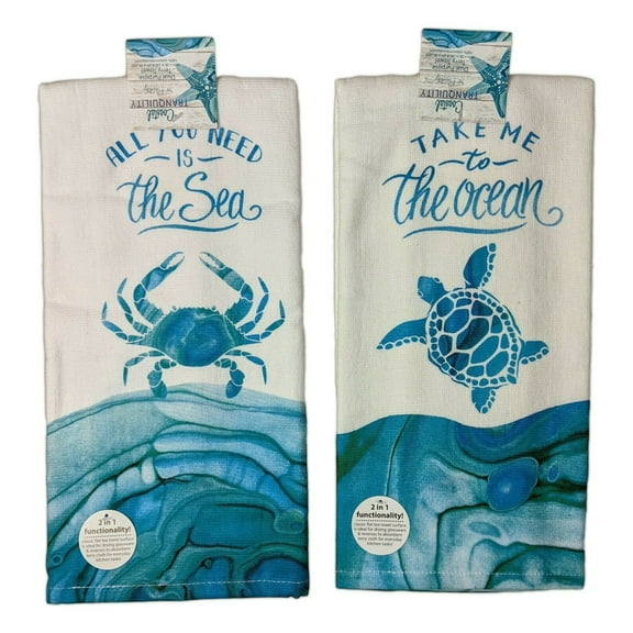 Set of 2 SEA TURTLE & CRAB Ocean & Sea Terry Kitchen Towels by Kay Dee Designs