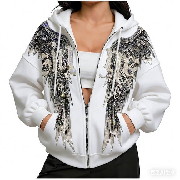 oqasdz Sweatshirt for Women Hoodie with Front and Back Wing Designs Long Sleeve Pullover Fashion Streetwear Versatile Casual Dailywear