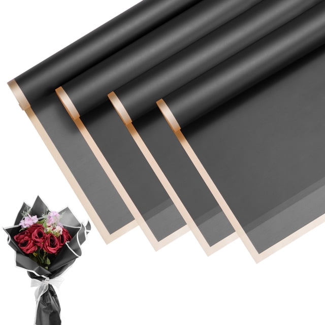 20pcs Papel de Regalo para Ramo de Flores 23 Pulgadas Borde Dorado, Negro Oscuro