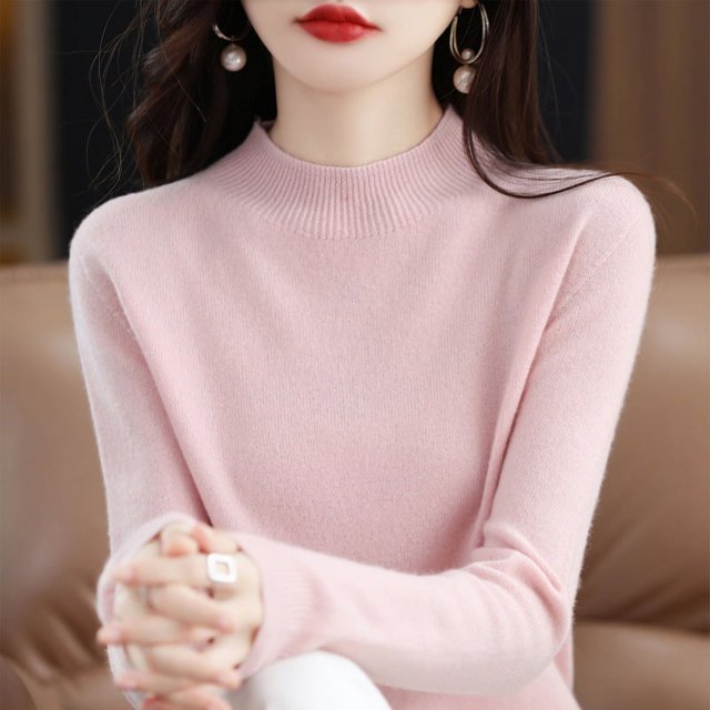 Suéter de cuello alto de media lana pura de primera línea, jersey de color sólido para mujer, camisa de punto que combina con todo