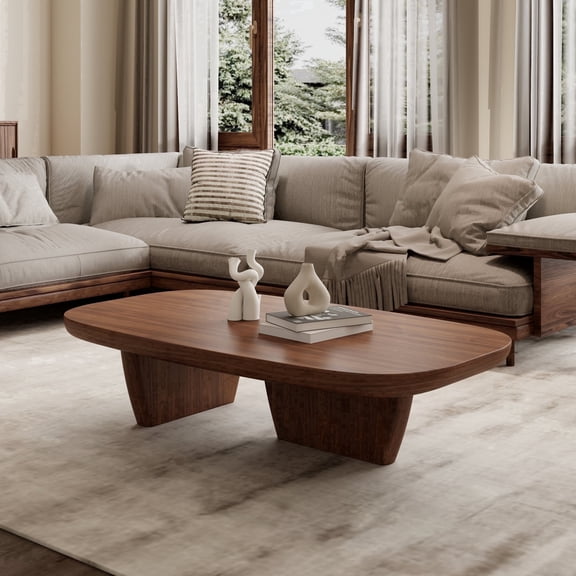Modern Wood Coffee Table for Living Room, 51.2" Dark Brown Rectangle Coffee Table with 2 Unique Legs, Center Table Accent Tea Table for Living Room