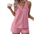 thumbnail image 4 of Women's 2 Piece Outfits Sleeveless V Neck Ruffle Sets Summer Contrast Top Matching Shorts, 4 of 6