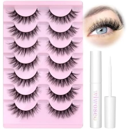 Wispy Lashes Look False Eyelashes with Lash Glue Eye Lashes Kit Lashes Extension with Eyelash Glue Short Lashes Pack, 7 Pairs with Clear Lash Glue by
