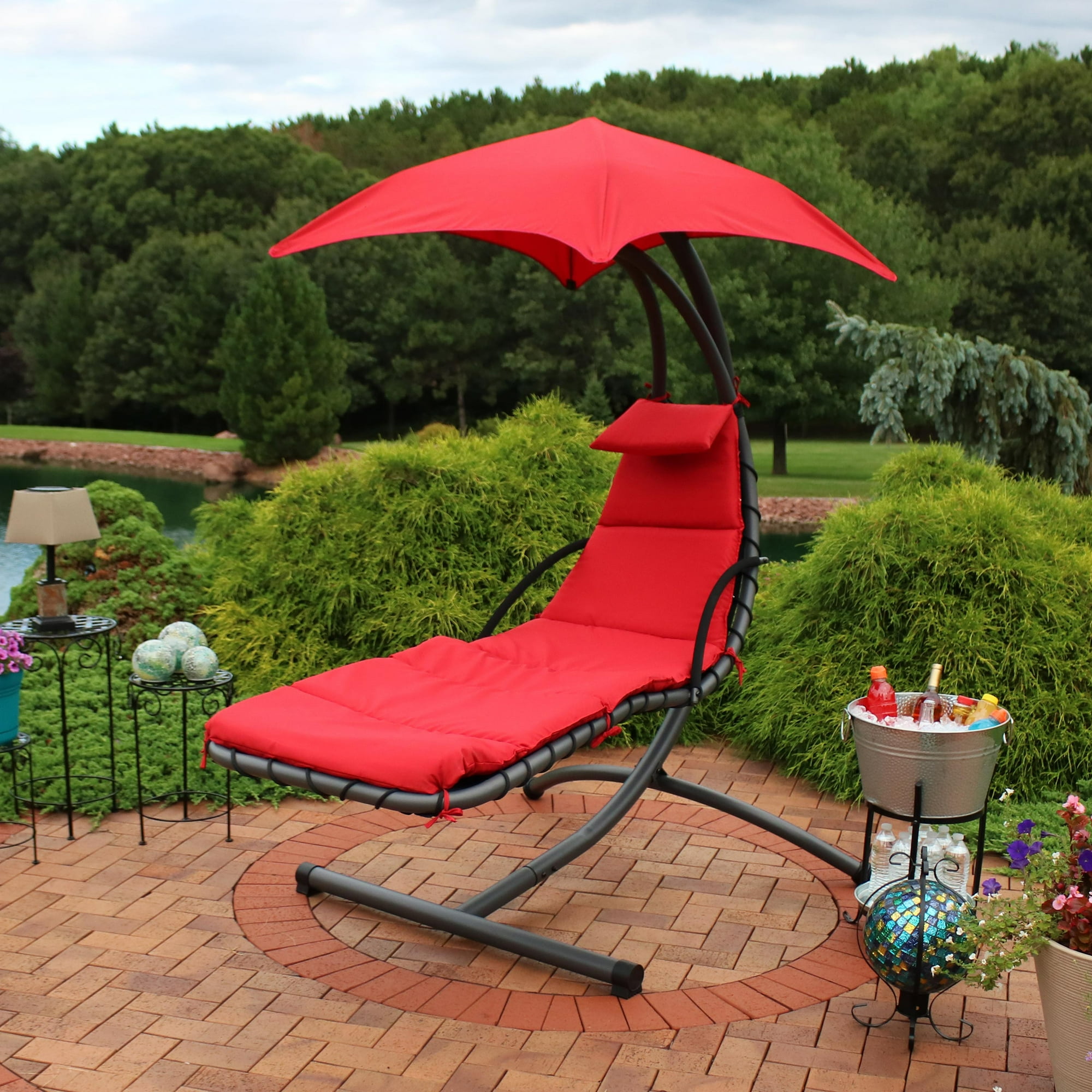 Sunnydaze Chaise Longue Suspendue Extérieure avec Parasol et Support,  Rouge, 2pk