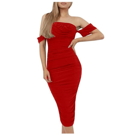 SMihono Summer Long Slim Bodycon for Women Trendy Off Shoulder Babydoll Mesh Pleated Skinny Hip Wrap Long Evening Dress Hollow Out Short Sleeve Prom Dress Slip Comfy Solid House Dress Red 6