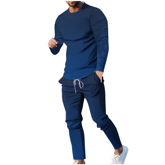 BXINGOHAI Mens 2 Pieces Sets Fashion Gradient Outfits Big and Tall Crewneck Pullover Shirts Drawstring Elastic Waist Pants 2024 Casual Streetwear Tracksuit Today Dark Blue,L
