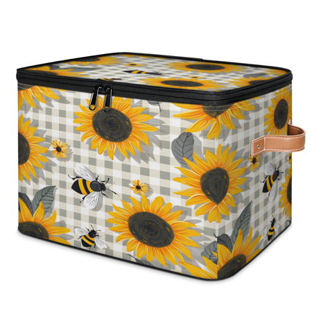 CURLYOOT Spring Bee Fabric Storage Bins with Lids Yellow Honeycomb Sunflower Foldable Storage Boxes Washable Storage Cube Closet Bedroom Home Organizer Containers with Handles