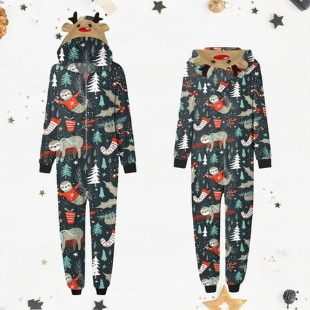

XIAOFFENN Parent-child Warm Christmas Set Printed Home Wear Hoodid Pajamas Moms Jumpsuit