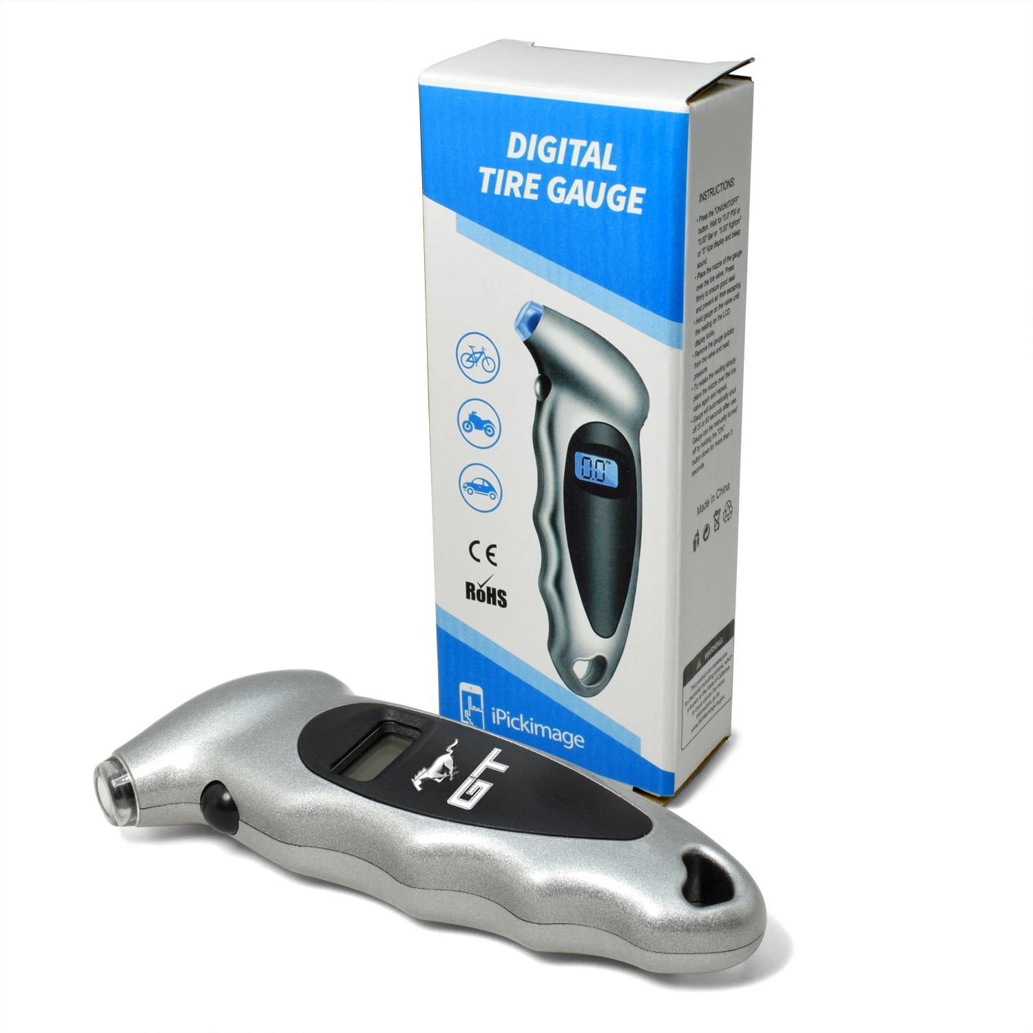 Ford Mustang GT Silver Digital Tire Pressure Gauge with LED-Backlit LCD Display
