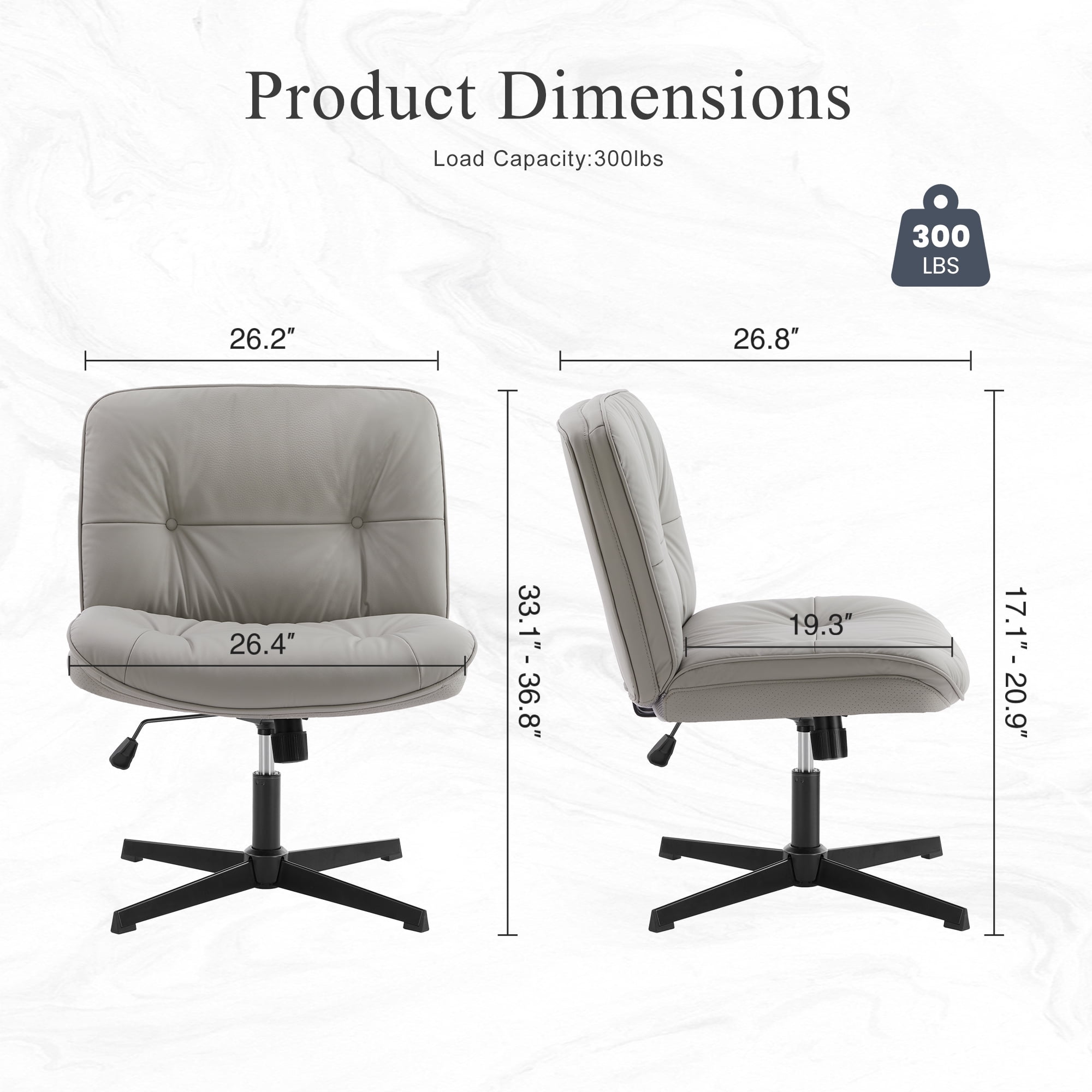 ZUNMOS Armless Office Chair, Wide Ergonomic Design, Height Adjustable, Khaki Gray