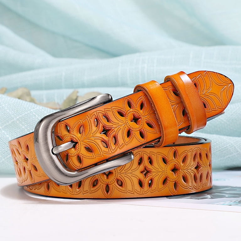 Womens Retro Hollow Flower Leather Belt Wide With Metal  display picture 2