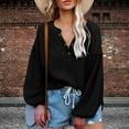thumbnail image 2 of Mujeres V cuello globo manga camisa suelta casual profundo V cuello único breasted linterna manga larga algodón camisa pullover Top negro XL, 2 of 6