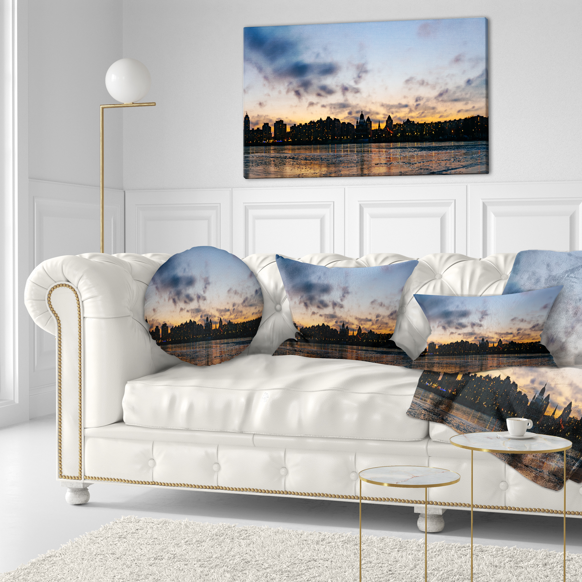 Designart Sunset with Clouds in Kiev Panorama - Cityscape Throw Pillow - 12x20