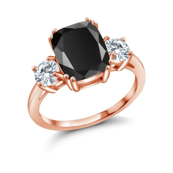 Gem Stone King 18K Rose Gold Plated Silver Black Onyx and White Moissanite 3 Stone Ring for Women (3.39 Cttw, Cushion Cut 10X8MM, Round 4.5MM, Gemstone, Size 5)