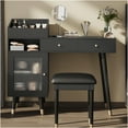 thumbnail image 2 of JERFIT Modern Vanity Desk Set with Charging Station, Makeup Dressing Table with Stool, Drawers & Glass Door Cabinet, Compact for Bedroom, Black, 2 of 9