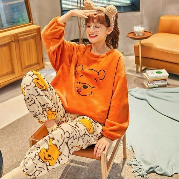 Pijama de otoño e invierno para mujer, de manga larga, de polar coral, estilo dulce de franela, Winnie the Poole, traje de casa