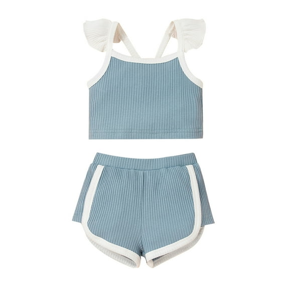 Fesfesfes Newborn Infant Baby Girls Summer Solid Ribbed Strap Tops Shorts Outfits Set