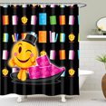 thumbnail image 1 of Whimsical Shower Curtain with Top Hat & Origami Boat Colorful Design on Black Background, 1 of 4