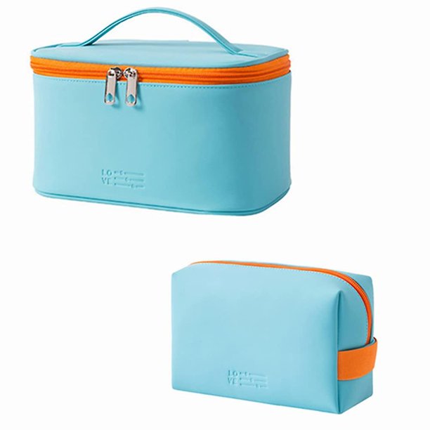 Bolsa de maquillaje Bolsa de cosméticos para mujeres, bolsa de viaje portátil de 2 piezas Bolsa de aseo de viaje grande Organizador de cremallera de belleza para niñas, cuero de PU lavable imperm