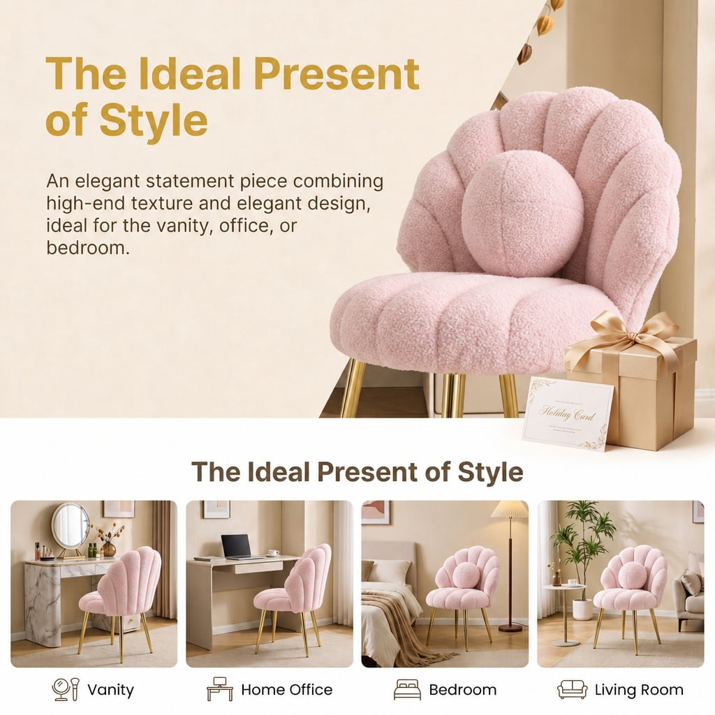 Ktaxon Vanity Makeup Chair with Teddy Velvet, Shell Design Accent Desk Chair with Lumbar Pillow and Gold Legs, Office Seating for Women Pink