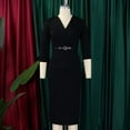 thumbnail image 3 of Sheath Dress for Women's 3/4 Sleeve Lapel Neck Collar Belted Work Office Dress, 3 of 8