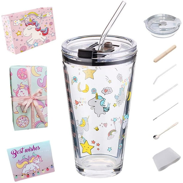 Cartoon Unicorn Glass Cup with Straw for Girls Cute and Colorful