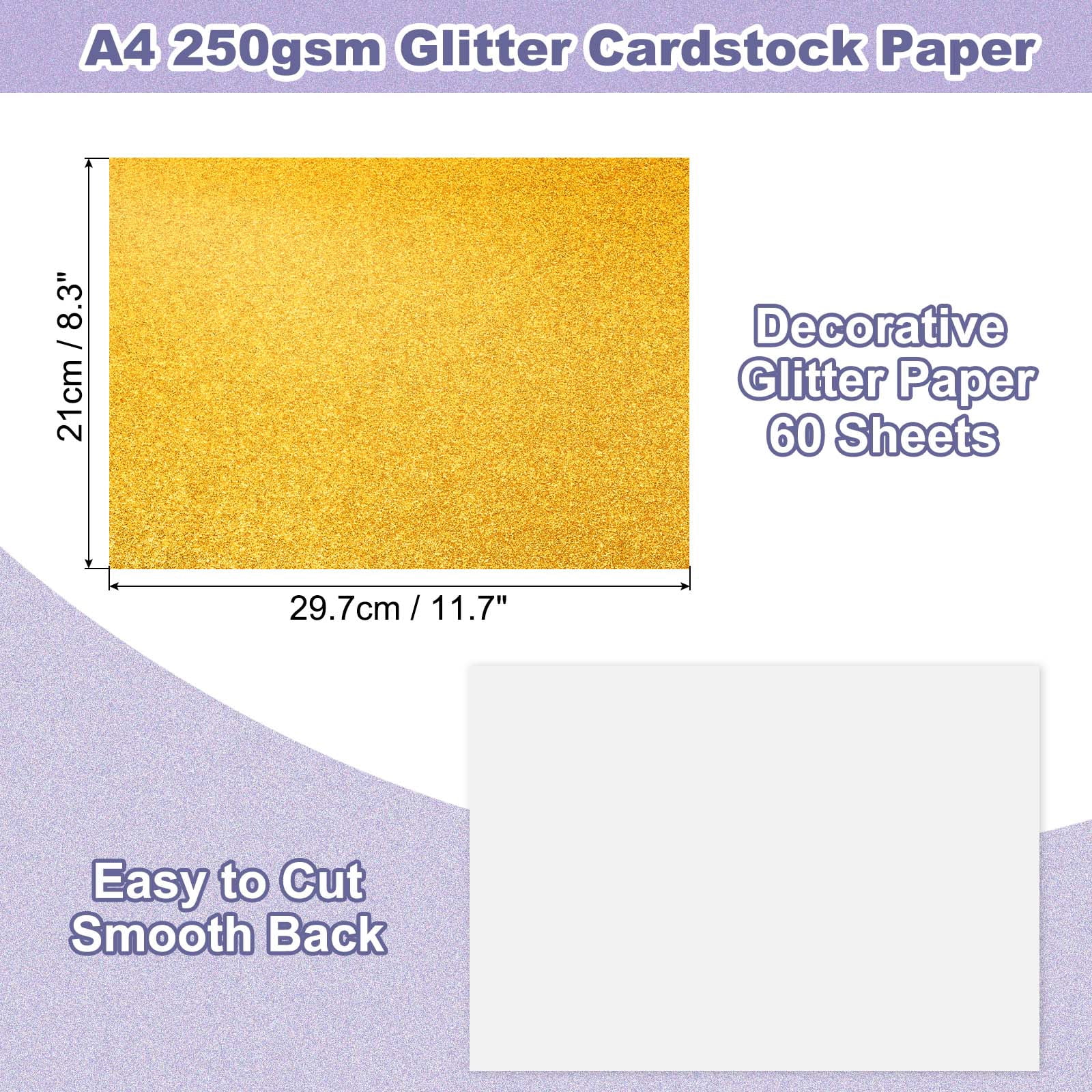 60Sheets Gold Glitter Cardstock, 8.3x11.7 in A4 Glitter Paper Card Stock Shiny Scrapbook 250gsm Sparkly Paper Large Shimmer for Crafts Scrapbook DIY Art Wedding Party