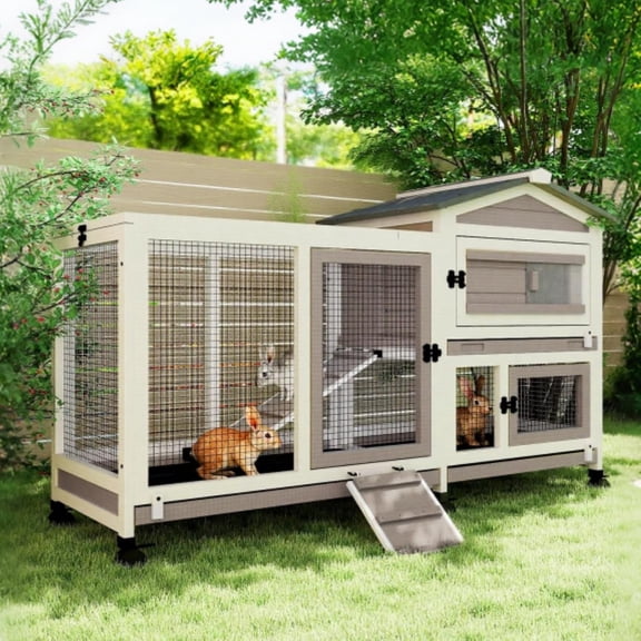 PETSCOSSET 2 Story Rabbit Hutch Outdoor Indoor, Wooden Bunny Cage with 6 Lockable Wheels, 3 Removable Leak-Proof Trays, Chew-Resistant Ramp, Waterproof Roof for Rabbit Guinea Pig Ferret