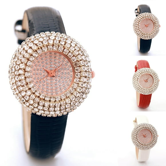 Trayknick Luxe Plein Strass Cadran Rond Bracelet en Simili Cuir Quartz Femmes Montre-Bracelet Rouge