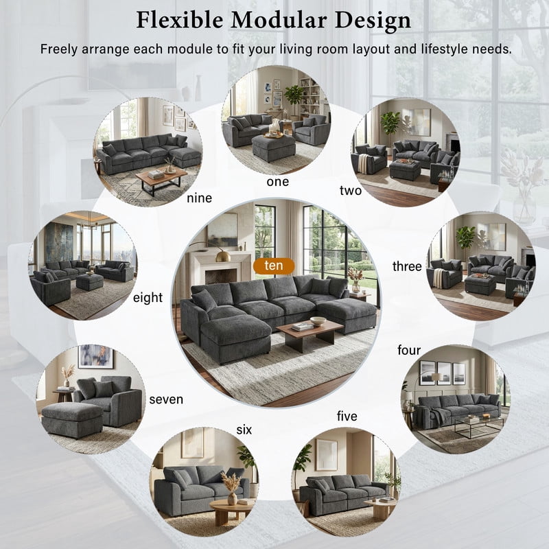 6-Seater Oversized Sectional Sofa, Upholstered Indoor Couch with Solid Wood Frame, Modular Sofa Set with 2 Movable Ottomans