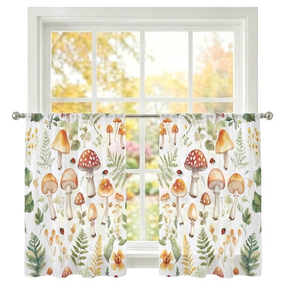 Spring Mushroom Sheer Curtains 45 inches Long, Watercolor Leaf Light Filtering Sheer Window Curtains Rod Pocket Voile Drapes for Bedroom Living Room, 2 Panels