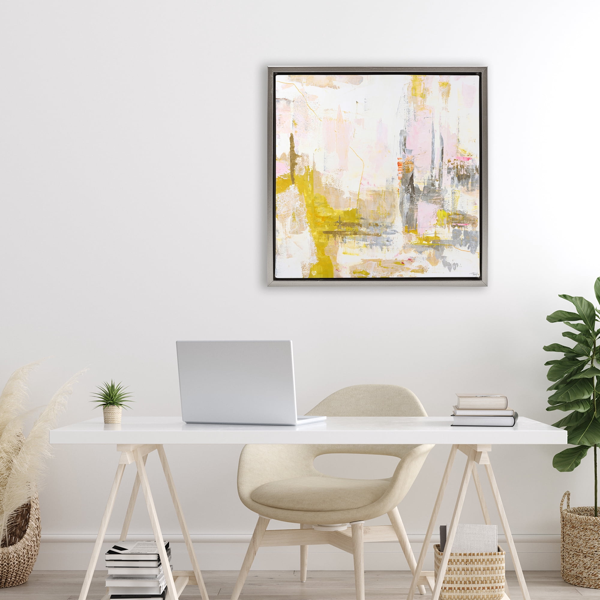Stupell Industries New Age Yellow Abstract Gray Framed Floater Canvas Wall Art, design by Design Fabrikken