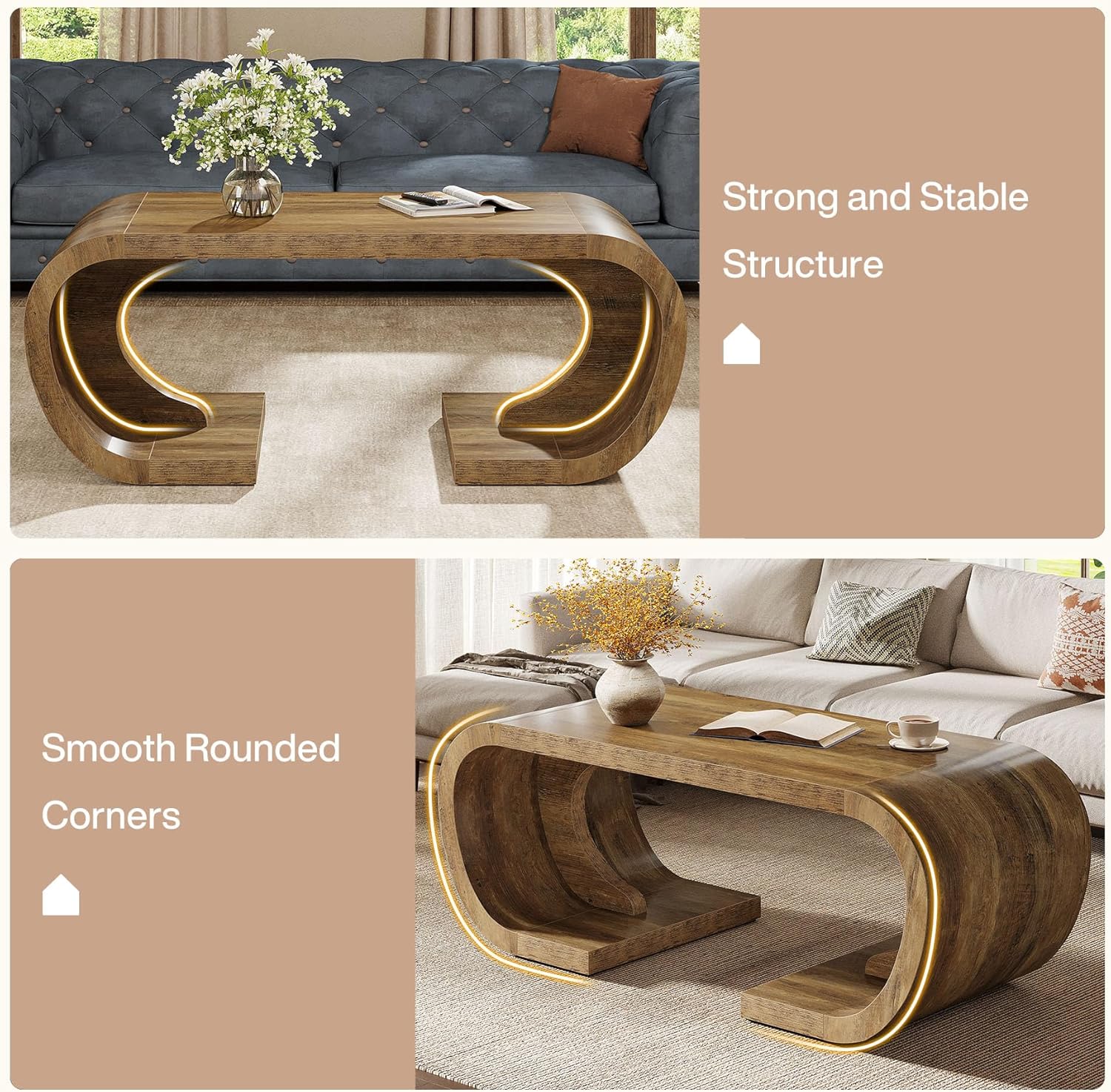 Finmind Farmhouse Coffee Table, 47" Rustic Brown C-Shaped Center Table with Curved Base for Living Room, Entertainment Space, Home Office