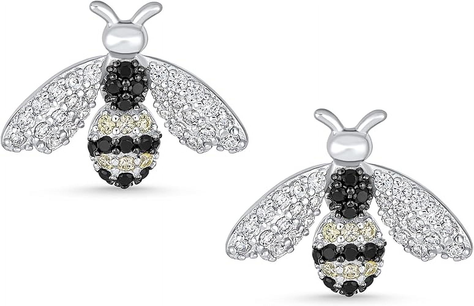 Divine Creation 1.20 Ct Round Cut Black Diamond Bee Push Back Stud Earrings 14K White Gold Plated For Womens 925 Sterling Silver