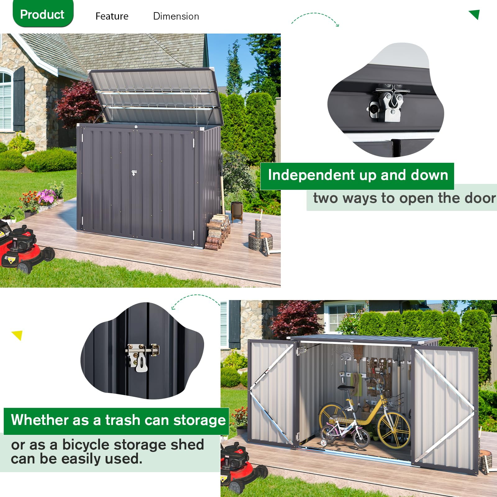 AECOJOY 46 Cu ft. Outdoor Horizontal Storage Shed Wastebasket Enclosure Container Metal Garbarge Shed in Gray